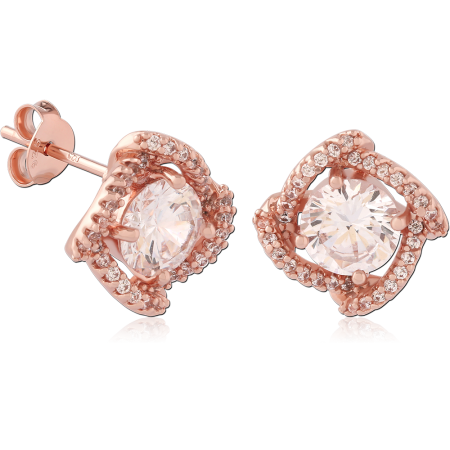 ROSE GOLD PLATED STERLING SILVER 925 STUD EARRINGS CUSHION PAVE HALO CLEAR GEM