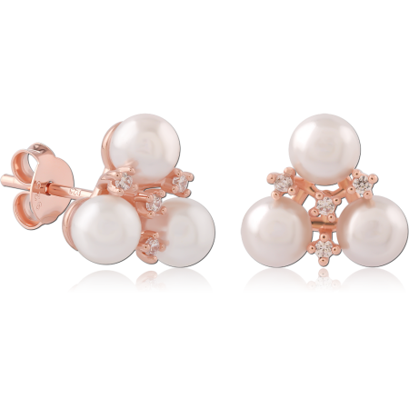 ROSE GOLD PLATED STERLING SILVER 925 STUD EARRINGS TRIPLE PEARL WITH ACCENT GEMS