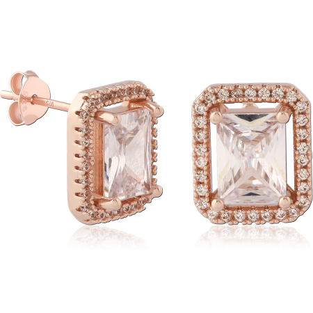 ROSE GOLD PLATED STERLING SILVER 925 STUD EARRINGS EMERALD CUT GEM PAVE HALO