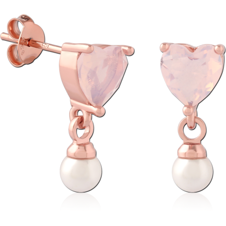 ROSE GOLD PLATED STERLING SILVER 925 STUD EARRINGS PINK HEART GEM WITH PEARL CHARM