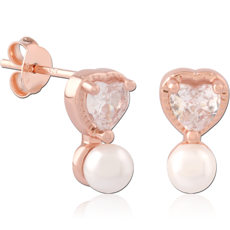 ROSE GOLD PLATED STERLING SILVER 925 STUD EARRINGS HEART GEM WITH PEARL DROP