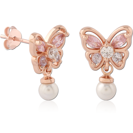 ROSE GOLD PLATED STERLING SILVER 925 STUD EARRINGS BUTTERFLY GEM WITH PEARL CHARM