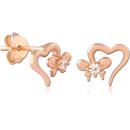 ROSE GOLD PLATED STERLING SILVER 925 STUD EARRINGS OPEN HEART WITH CLEAR GEM