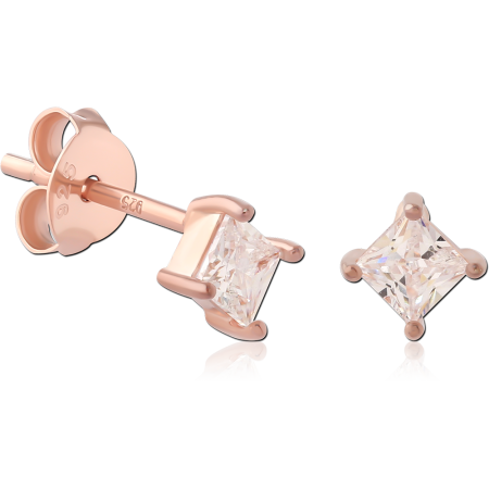 ROSE GOLD PLATED STERLING SILVER 925 STUD EARRINGS PRINCESS CUT CLEAR GEM
