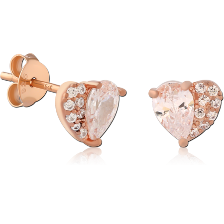 ROSE GOLD PLATED STERLING SILVER 925 STUD EARRINGS PEAR CUT GEM PAVE HEART