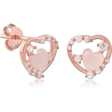 ROSE GOLD PLATED STERLING SILVER 925 STUD EARRINGS OPEN HEART WITH HEART GEM ACCENTS