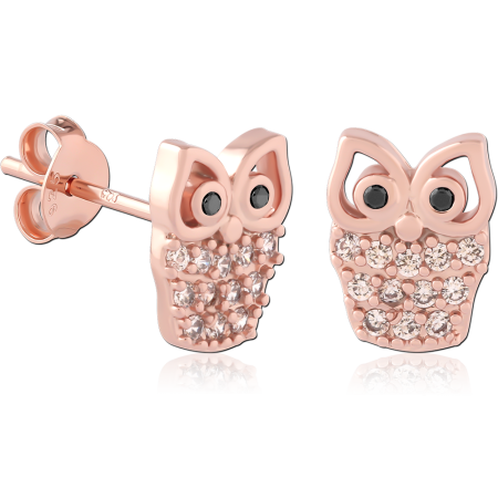 ROSE GOLD PLATED STERLING SILVER 925 STUD EARRINGS OWL BLACK EYES GEM PAVE