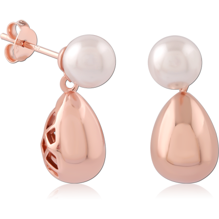 ROSE GOLD PLATED STERLING SILVER 925 STUD EARRINGS WHITE PEARL WITH TEARDROP DANGLE