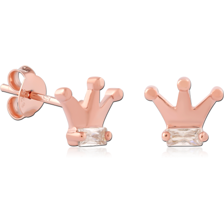 ROSE GOLD PLATED STERLING SILVER 925 STUD EARRINGS CROWN WITH CLEAR GEM
