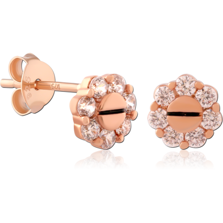 ROSE GOLD PLATED STERLING SILVER 925 STUD EARRINGS FLOWER HALO CLEAR GEMS