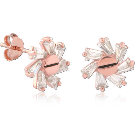 ROSE GOLD PLATED STERLING SILVER 925 STUD EARRINGS SUNBURST BAGUETTE CLEAR GEMS