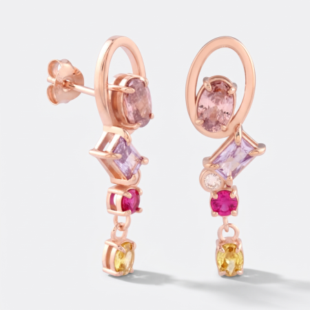 ROSE GOLD PLATED STERLING SILVER 925 STUD EARRINGS OPEN HOOP MULTICOLOR GEM DANGLE
