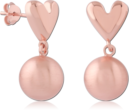 ROSE GOLD PLATED STERLING SILVER 925 STUD EARRINGS HEART TOP WITH MATTE BALL DANGLE