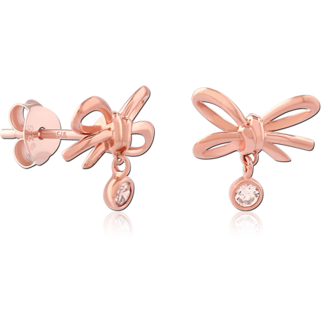 ROSE GOLD PLATED STERLING SILVER 925 STUD EARRINGS BOW WITH ROUND GEM DANGLE