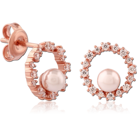 ROSE GOLD PLATED STERLING SILVER 925 STUD EARRINGS GEM HALO PEARL CENTER