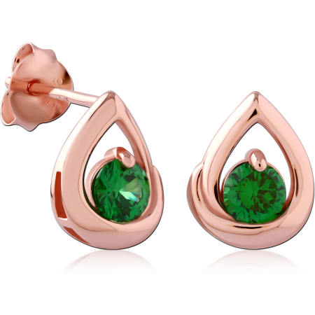 ROSE GOLD PLATED STERLING SILVER 925 STUD EARRINGS TEARDROP FRAME GREEN GEM