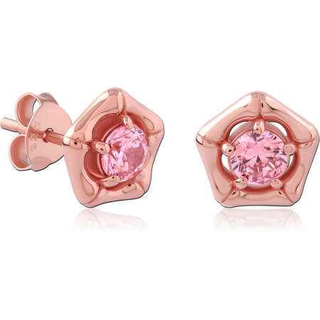 ROSE GOLD PLATED STERLING SILVER 925 STUD EARRINGS PENTAGON FRAME PINK GEM