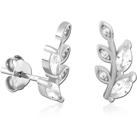 STERLING SILVER 925 STUD EARRINGS LEAF BRANCH MARQUISE AND ROUND CLEAR GEMS PAIR