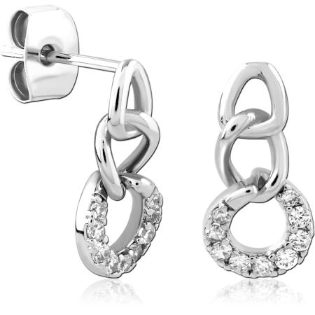 STERLING SILVER 925 STUD EARRINGS INTERLINKED LOOPS WITH PAVE GEM CIRCLE DROP