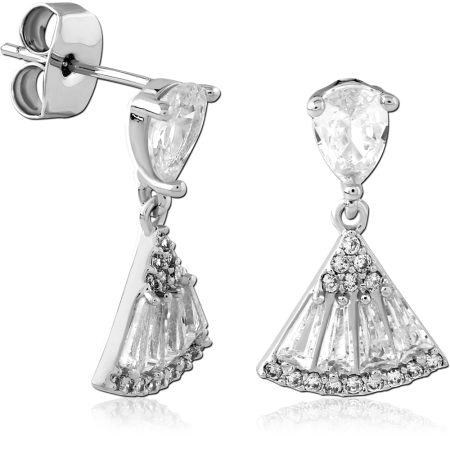 STERLING SILVER 925 STUD EARRINGS PEAR GEM WITH FAN DROP BAGUETTE AND PAVE