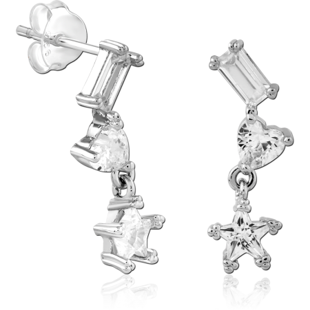 STERLING SILVER 925 STUD EARRINGS BAGUETTE HEART AND STAR GEM DROP