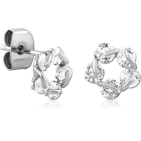 STERLING SILVER 925 STUD EARRINGS OPEN CIRCLE WREATH WITH ROUND GEMS