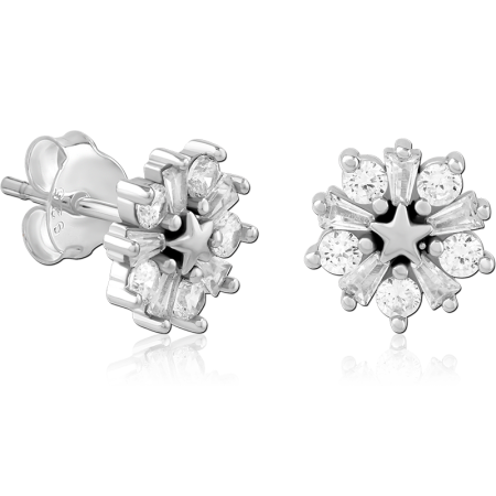 STERLING SILVER 925 STUD EARRINGS STAR CENTER WITH BAGUETTE AND ROUND GEM HALO