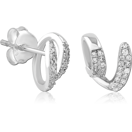 STERLING SILVER 925 STUD EARRINGS CURVED HOOP TWIST WITH PAVE GEMS