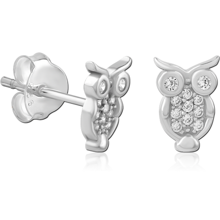 STERLING SILVER 925 STUD EARRINGS OWL WITH PAVE GEM BODY DESIGN