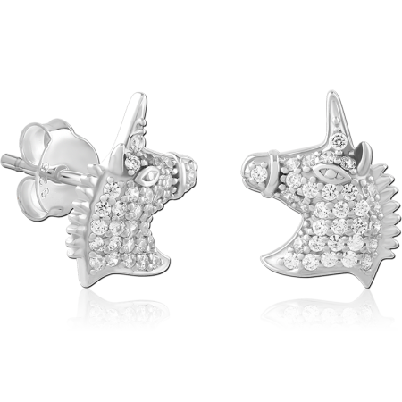 STERLING SILVER 925 STUD EARRINGS UNICORN HEAD WITH PAVE GEM DETAIL
