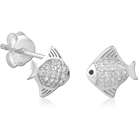 STERLING SILVER 925 STUD EARRINGS FISH PAVE GEMS