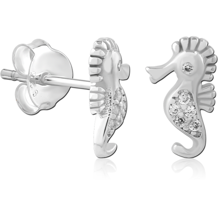 STERLING SILVER 925 STUD EARRINGS SEAHORSE PAVE GEMS
