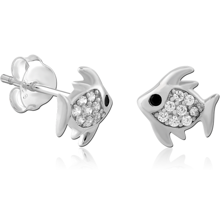 STERLING SILVER 925 STUD EARRINGS FISH JEWELED SILHOUETTE