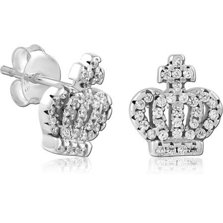 STERLING SILVER 925 STUD EARRINGS ROYAL CROWN JEWELED