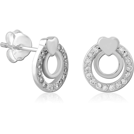 STERLING SILVER 925 STUD EARRINGS OPEN CIRCLE PAVE GEMS WITH HEART ACCENT