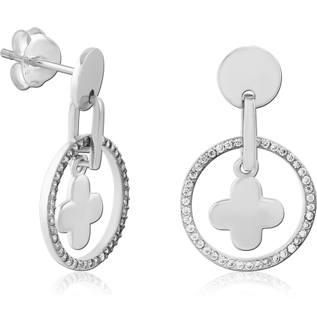 STERLING SILVER 925 STUD EARRINGS JEWELED CIRCLE WITH CLOVER CHARM