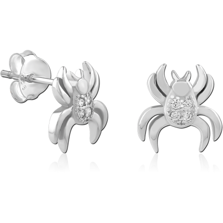 STERLING SILVER 925 STUD EARRINGS SPIDER WITH CLEAR PAVE GEM DETAILING