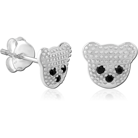 STERLING SILVER 925 STUD EARRINGS BEAR FACE WITH BLACK GEM EYES