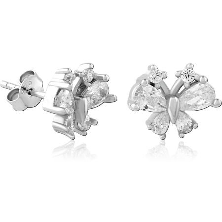 STERLING SILVER 925 STUD EARRINGS BUTTERFLY WITH MARQUISE AND ROUND CLEAR GEMS