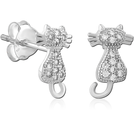 STERLING SILVER 925 STUD EARRINGS CAT SILHOUETTE WITH CLEAR PAVE GEMS