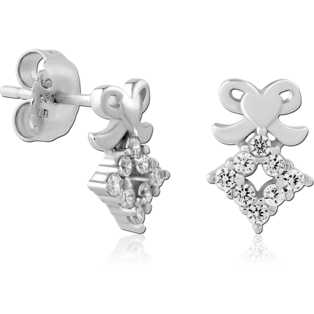 STERLING SILVER 925 STUD EARRINGS BOW WITH DIAMOND-SHAPE GEM DROP CHARM
