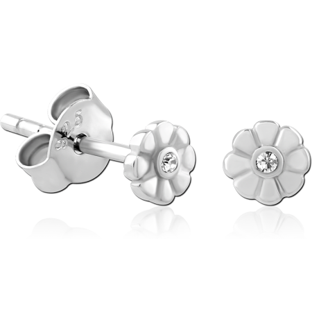 STERLING SILVER 925 STUD EARRINGS DAISY FLOWER WITH SINGLE CLEAR GEM