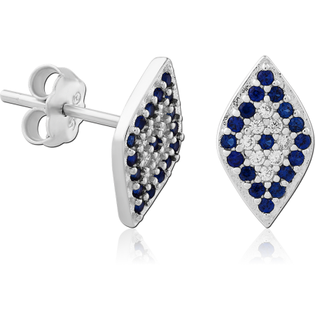 STERLING SILVER 925 STUD EARRINGS MARQUISE SHAPE WITH BLUE AND CLEAR PAVE GEMS