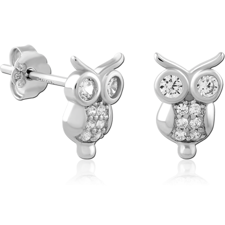 STERLING SILVER 925 STUD EARRINGS OWL WITH CLEAR GEM EYES AND BELLY