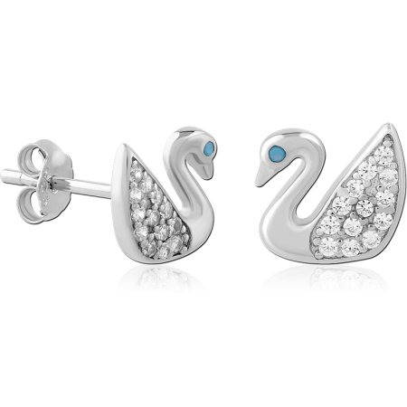 STERLING SILVER 925 STUD EARRINGS SWAN WITH CLEAR GEMS AND BLUE EYE DETAIL