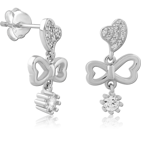 STERLING SILVER 925 STUD EARRINGS HEART TOP WITH BOW AND GEM DANGLE