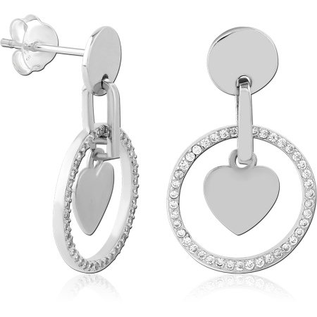 STERLING SILVER 925 STUD EARRINGS JEWELED OPEN CIRCLE DROP WITH HEART CHARM