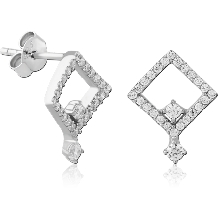 STERLING SILVER 925 STUD EARRINGS JEWELED OPEN DIAMOND SHAPE WITH GEM DROP