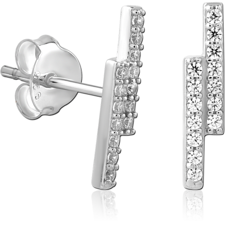 STERLING SILVER 925 STUD EARRINGS JEWELED DOUBLE BAR OFFSET LINEAR DESIGN
