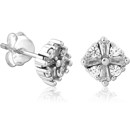 STERLING SILVER 925 STUD EARRINGS JEWELED MIXED SHAPE CLUSTER FLORAL DESIGN